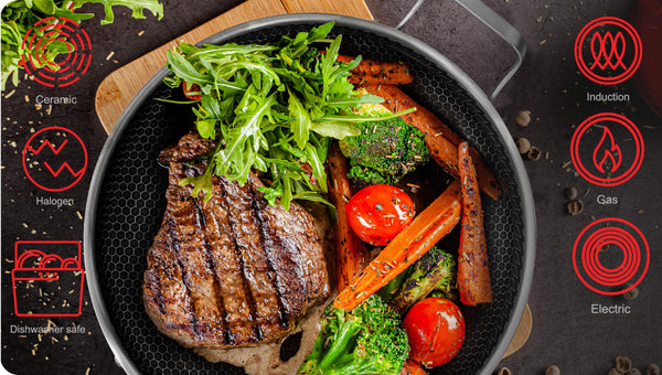 INTIGNIS Paella Pan or Frying Pan with Oven-Safe Lid - Sauting, Roasting, Broiling - 32cm Aluminium Stainless Steel Skillet - German GREBLON