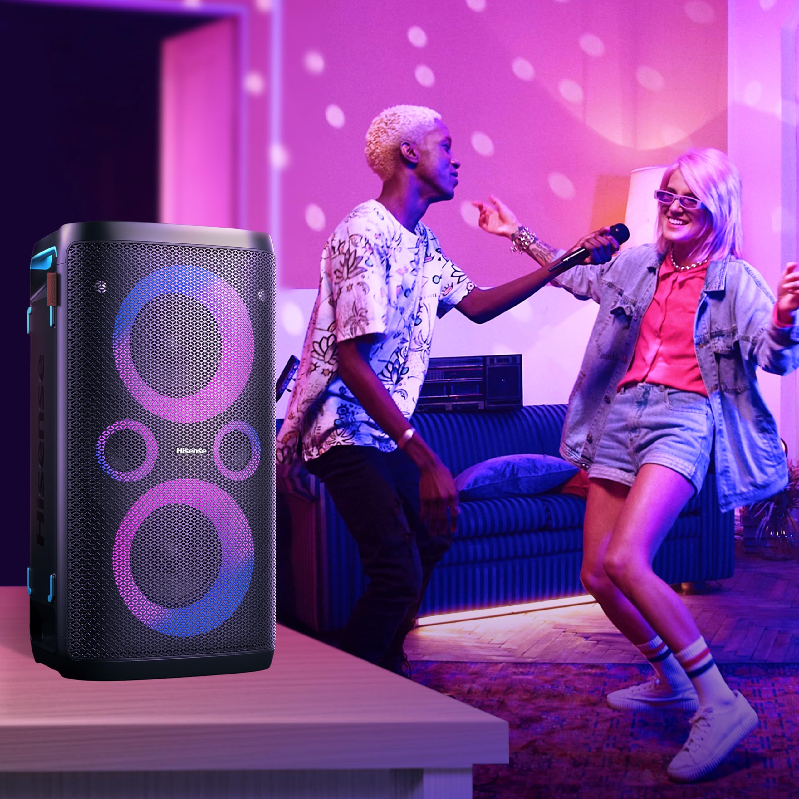 Hisense PARTY STORM, 300W Max Audio Power,15 Hrs long playtime,Karaoke Mode,Lighting effects, Wireless charge the phone, IPX4 Waterproof, Bluetooth 5.0