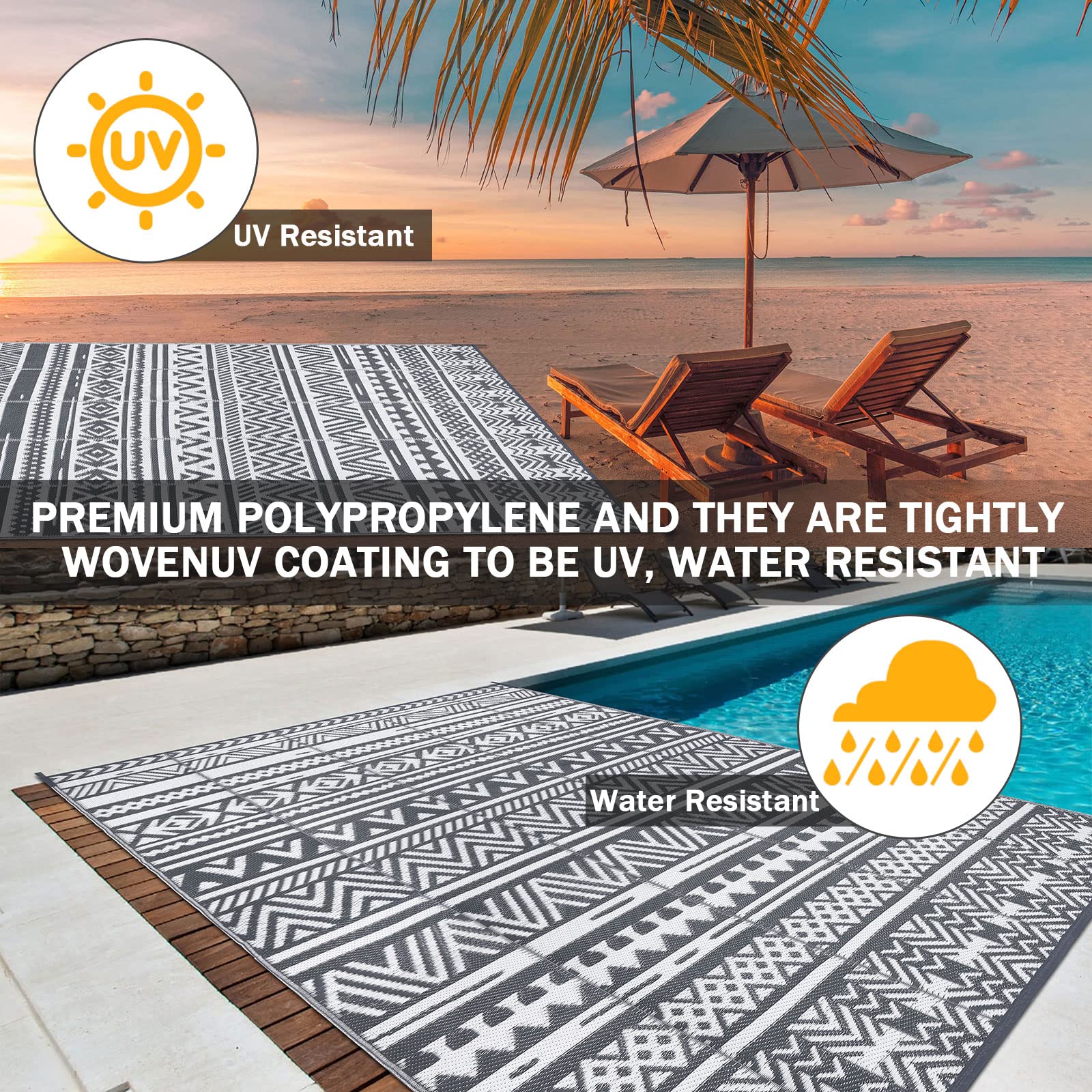 Enyhom Large Grey Outdoor Rug Carpets 180 x 270 cm, Waterproof Picnic Blanket, Plastic Straw Rug Durable Outdoor Patio Carpets for Lawn Pergola