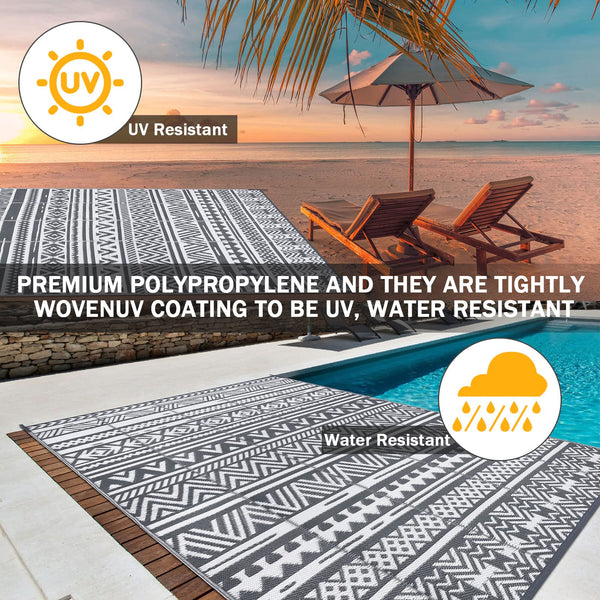 Enyhom Large Grey Outdoor Rug Carpets 180 x 270 cm, Waterproof Picnic Blanket, Plastic Straw Rug Durable Outdoor Patio Carpets for Lawn Pergola