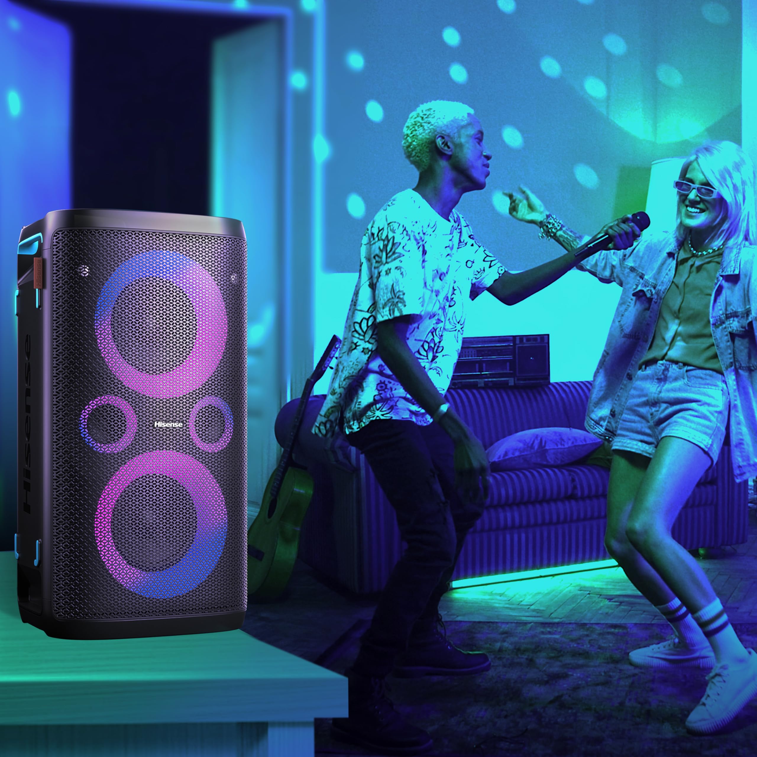 Hisense PARTY STORM, 300W Max Audio Power,15 Hrs long playtime,Karaoke Mode,Lighting effects, Wireless charge the phone, IPX4 Waterproof, Bluetooth 5.0