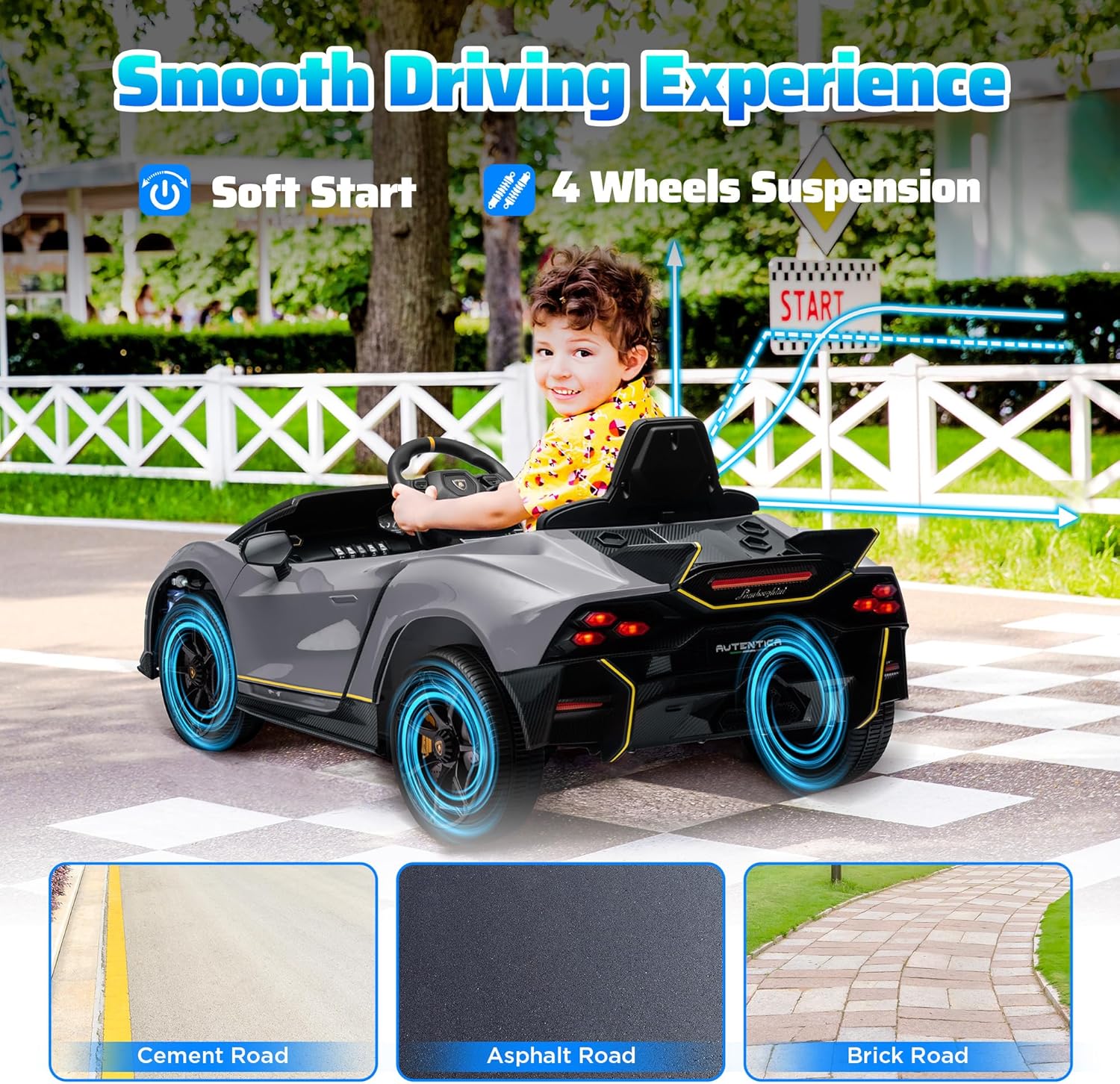 AIYAPLAY 12V Lamborghini Autentica Licensed Kids Electric Car with Butterfly Doors, Ride on Car with Remote Control, 4 Suspension Wheels, Soft Start, LED Lights, Music, Horn, Grey