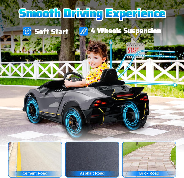 AIYAPLAY 12V Lamborghini Autentica Licensed Kids Electric Car with Butterfly Doors, Ride on Car with Remote Control, 4 Suspension Wheels, Soft Start, LED Lights, Music, Horn, Grey