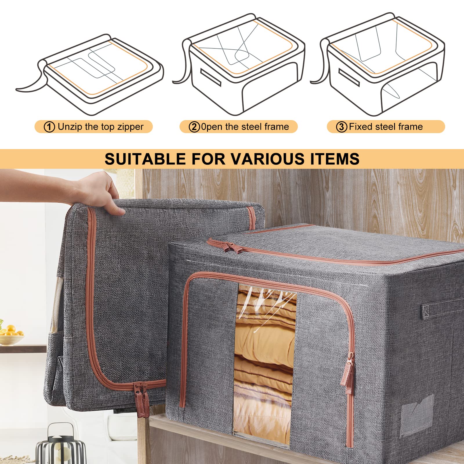 100L Clothes Storage Bag Metal Frame Fiberboard Bottom Thick Breathable Cotton Linen Protect from Moisture Dust Sturdy Handle Double Opening Zipper