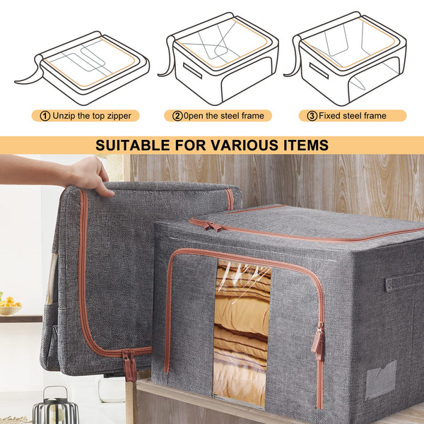 100L Clothes Storage Bag Metal Frame Fiberboard Bottom Thick Breathable Cotton Linen Protect from Moisture Dust Sturdy Handle Double Opening Zipper