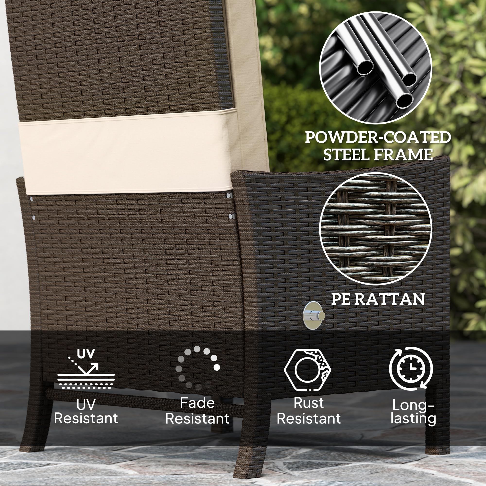 Outsunny 5 Piece Rattan Garden Furniture Set, Wicker Patio Sofa Set with 2 Armchairs, 2 Footstools, Glass Top Coffee Table with Shelf, Outdoor Furniture with Adjustable Backrests, Cushions, Dark Grey