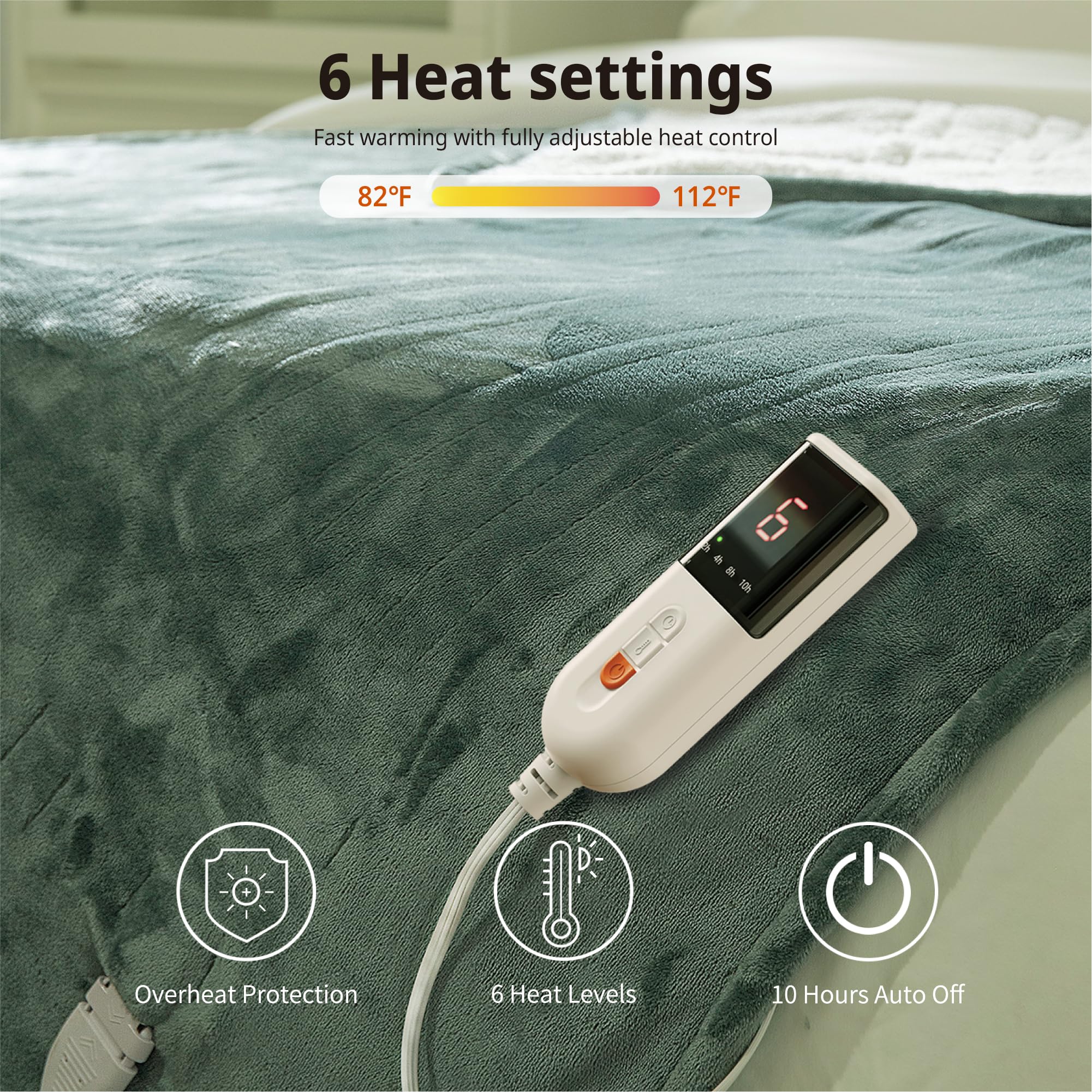 GOTCOZY Heated Blanket Electric Throw 130x160cm -Soft Silky Plush Heated Blanket with 6 Heat Settings & 10 Hours Auto-Off Timer For Home Office Use