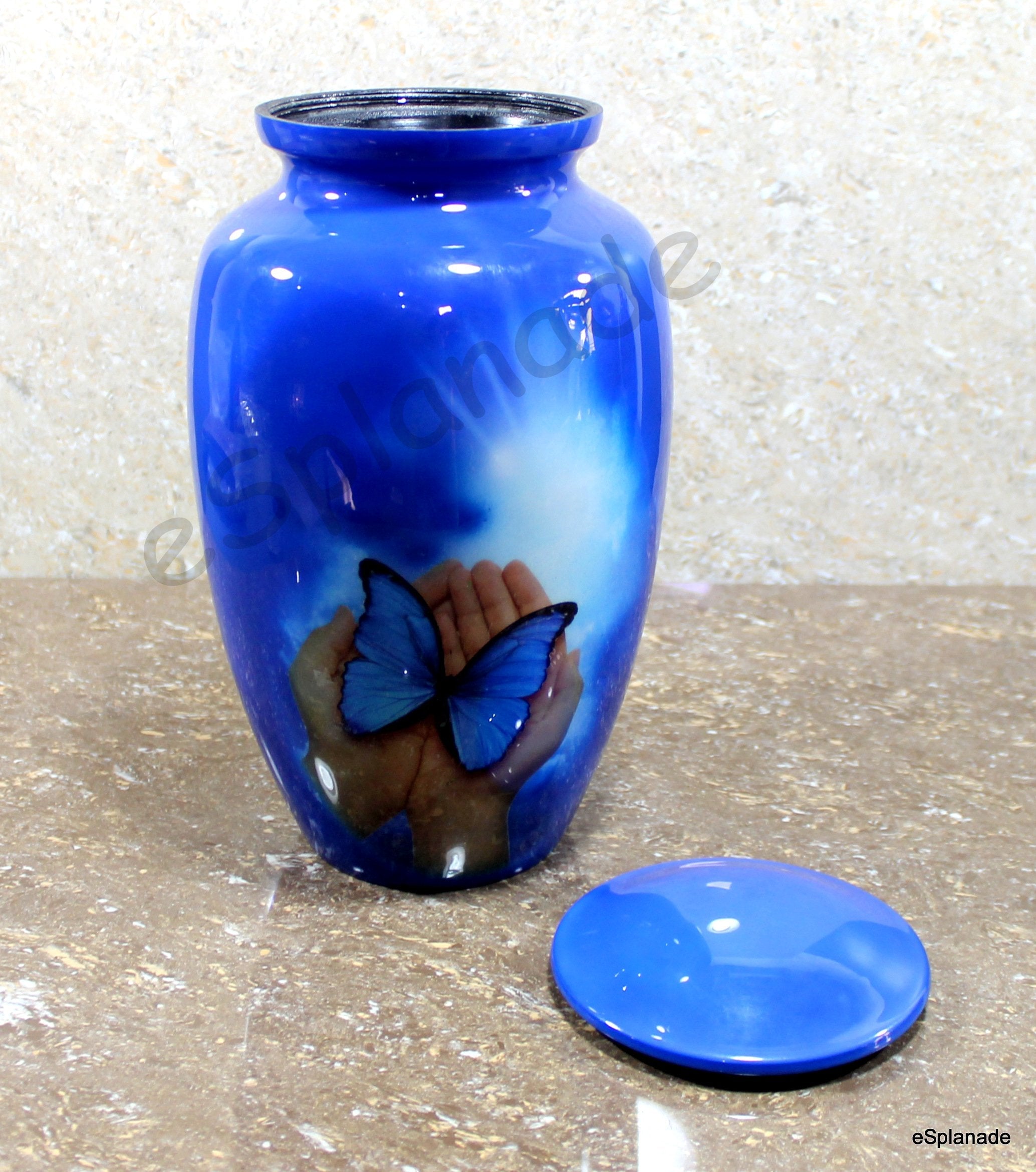 eSplanade Metal Cremation Urn Memorial Jar Pot Container | Full Size Urn for Funeral Ashes Burial | Butterfly in Hands Printed Urn | Blue - 10" Inches