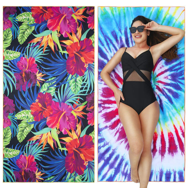 Winthome Beach Towel, Extra Large Microfibre Beach Towel for Adult, Double Sides Sand Free Quick Dry lightweight Travel Swimming Towel(Pink + Green, 90×180cm - 2 pack)