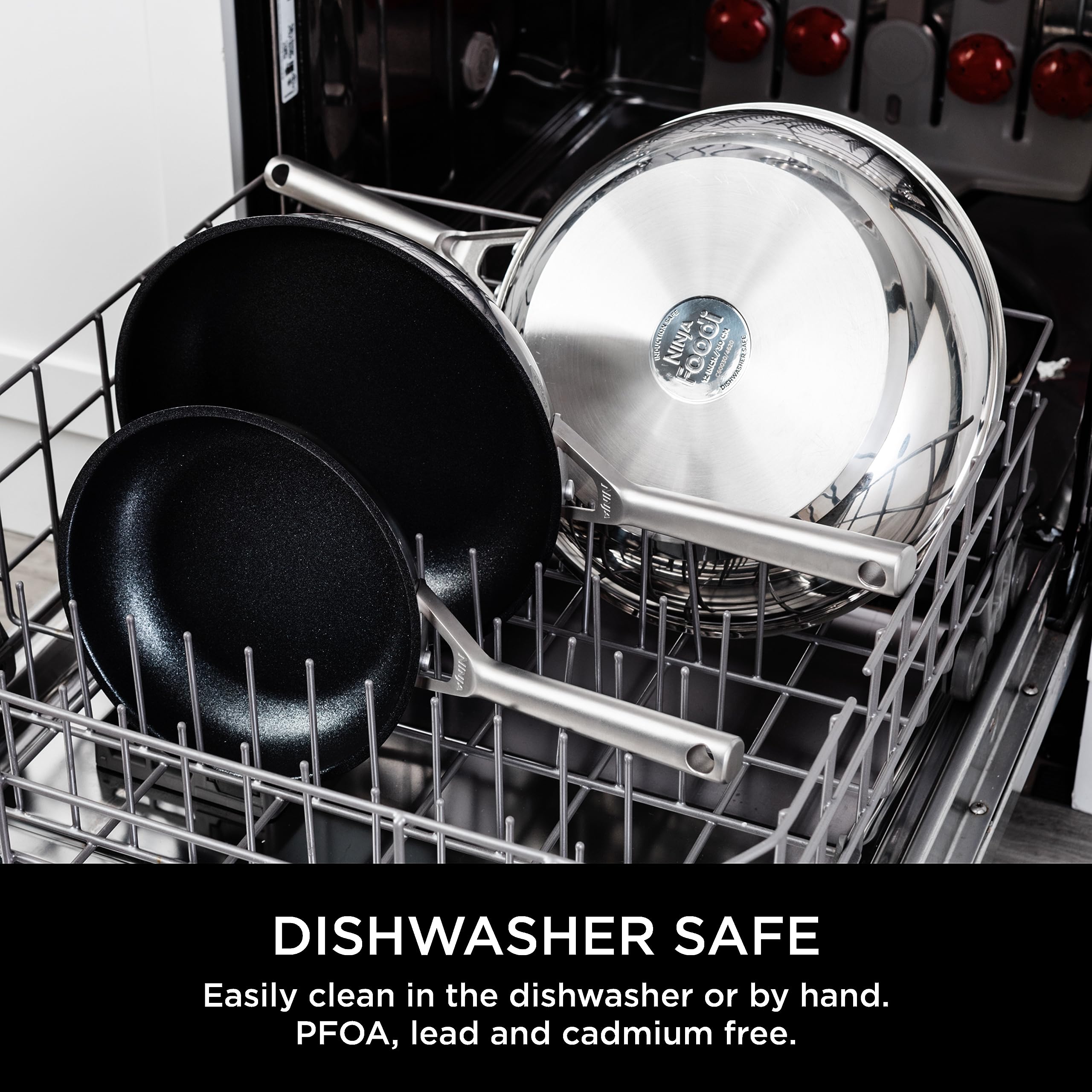 Ninja ZEROSTICK 5-Piece Pan Set, Long Lasting Non Stick,16cm, 18cm & 20cm Saucepans with oven-safe glass lids, 16cm Milk Pan, 24cm Frying Pan, Stainless Steel Cookware C6500UK