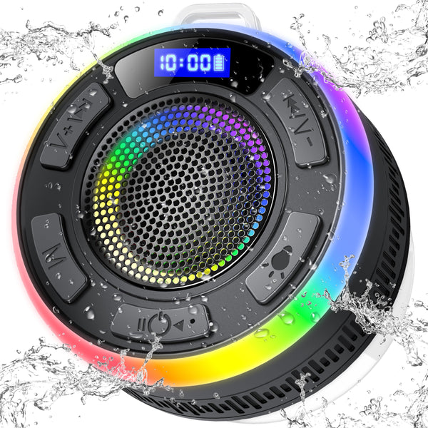 Bluetooth Shower Speaker with IPX7 Waterproof, Bluetooth Speaker with HD Stereo Sound, Built-in Mic Portable Wireless Speaker with Dynamic Lights 10H Playtime, for Outdoor Kitchen Gifts Golf, Black