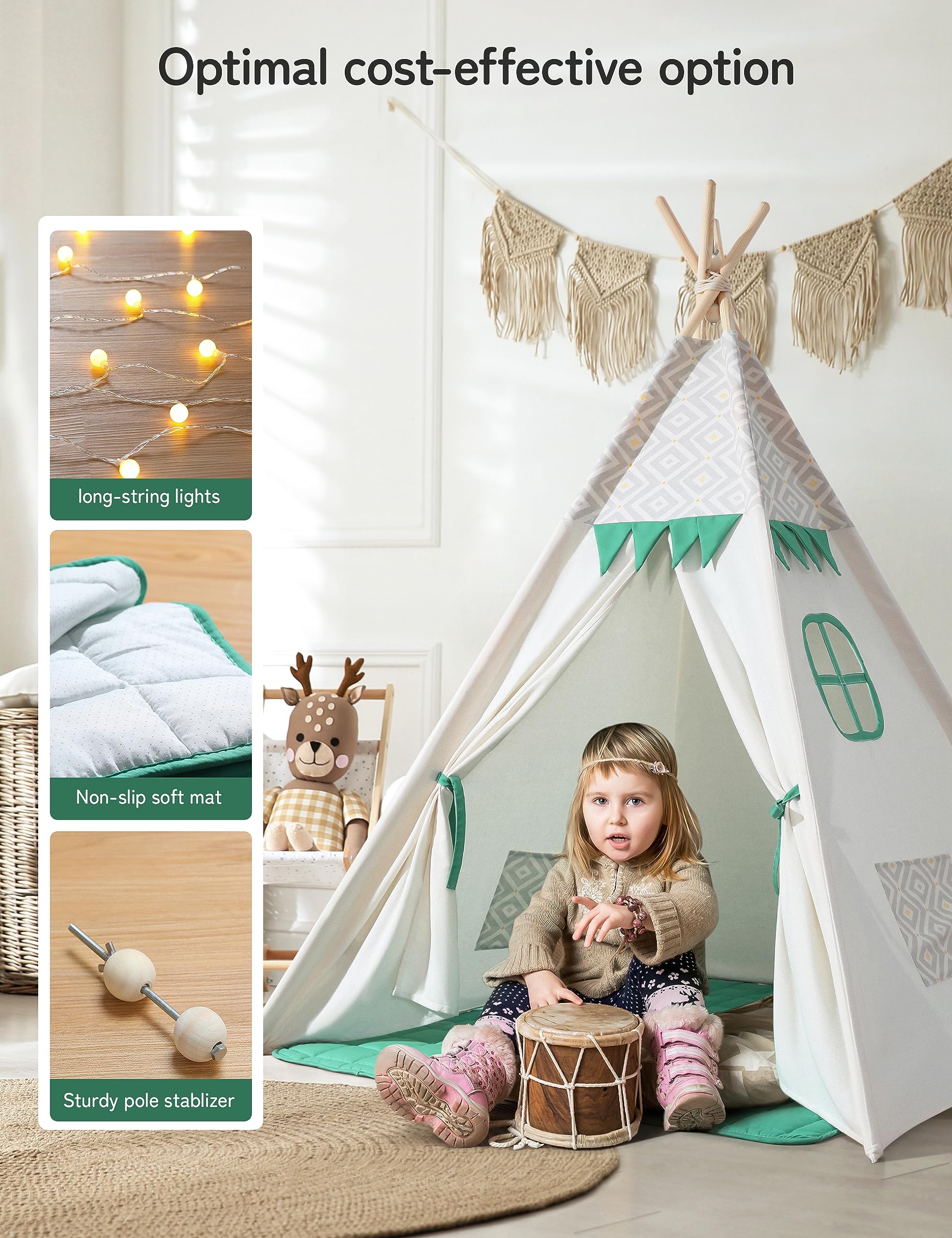 besrey Kids Play Tent Playhouse for Indoor & Outdoor – Spacious Design with Windows, Christmas Tree Flag & Lights Included