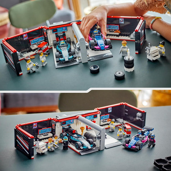 LEGO City F1 Garage & Mercedes-AMG & Alpine Cars - Toy Formula 1 Racing Vehicles Set - Easter Treat with 2 Drivers & 4 Mechanic Minifigures - Gifts for 7+ Year Old Boys & Girls or Adult Fans - 60444