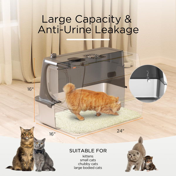 Citylife XL Stainless Steel Cat Litter Box with Lid, Extra Large Enclosed Removable Metal Litter Tray with Litter Scoop&Double Layer Litter Mat, Non-Sticky, Non-Odor, Easy Cleaning, for Big Cats