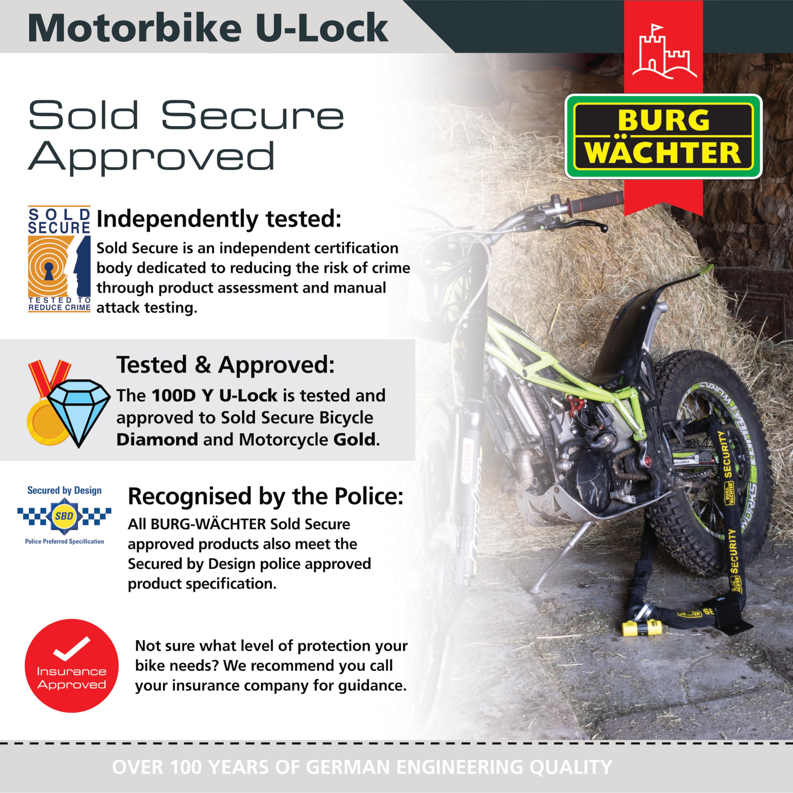 Burg-Wächter 100D Y Sold Secure Gold Motorbike, Single U Lock