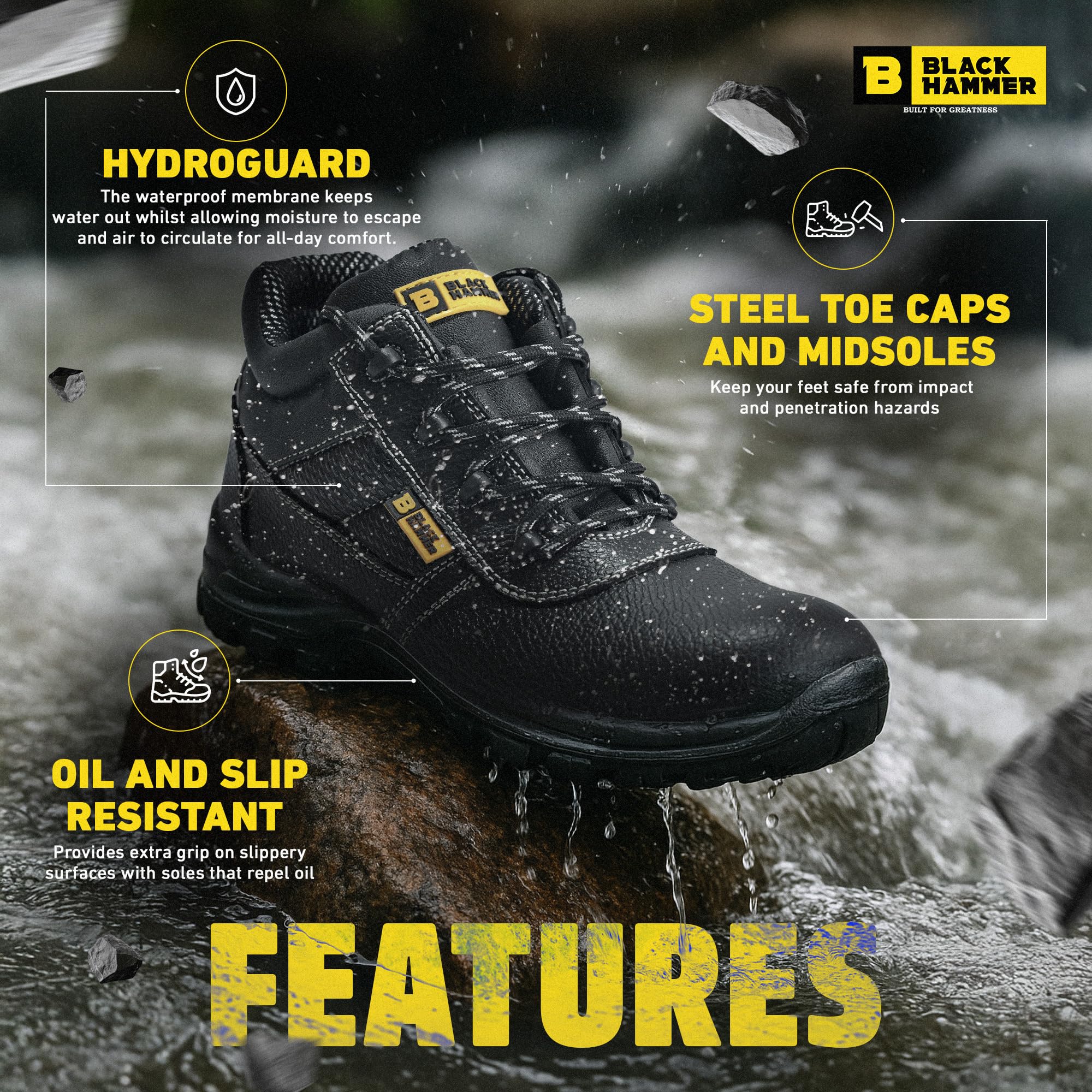 Black Hammer Comfortable Waterproof Steel Toe Caps Safety Boots Lightweight, Durable, Non-Slip Work Shoes for Work & Outdoor Activities 1007