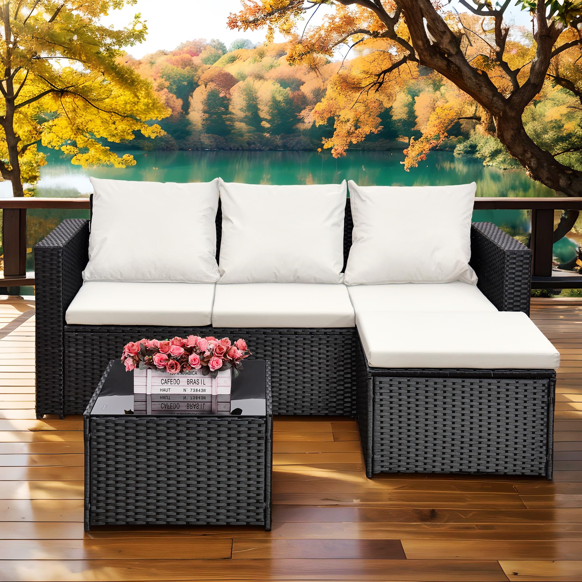 AOUXIN 3 Pieces Rattan garden furniture Patio Furniture Sets All Weather Outdoor Sectional Patio Sofa Manual Weaving Wicker Rattan Corner Sofa with Grey Cushions and Glass Table