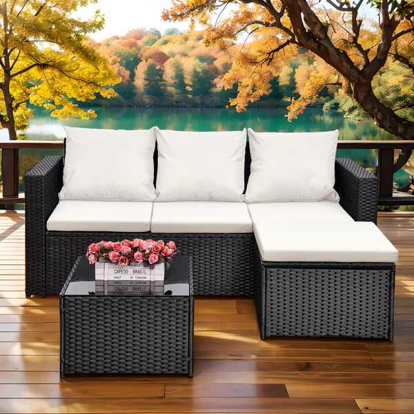 AOUXIN 3 Pieces Rattan garden furniture Patio Furniture Sets All Weather Outdoor Sectional Patio Sofa Manual Weaving Wicker Rattan Corner Sofa with Grey Cushions and Glass Table