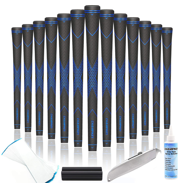 CHAMPKEY Premium Rubber Golf Grips 13 Pack | High Traction and Feedback Rubber Golf Club Grips - All Repair Kits (Black&Blue, Oversize)