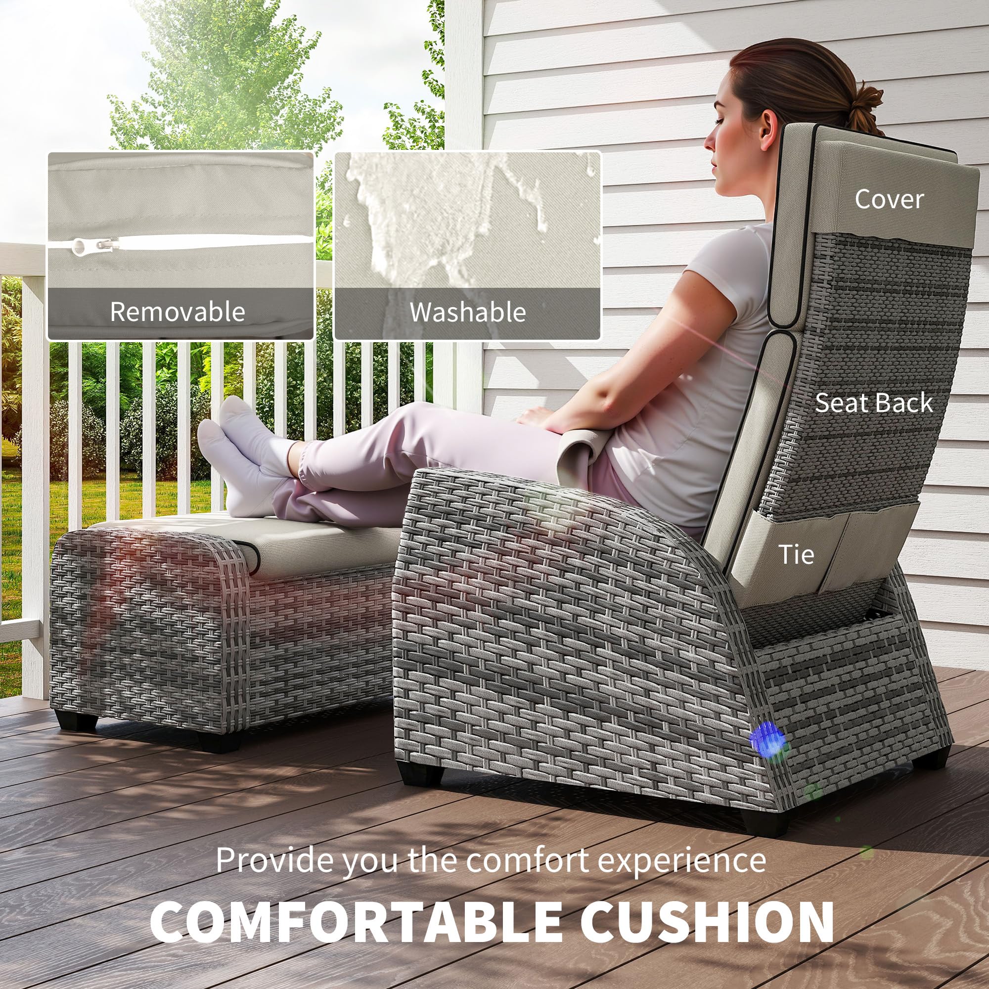 Outsunny 5 Piece Rattan Garden Furniture Set, Garden Reclining Rattan Chairs Set of 2 with Wood-Plastic Composite Table, Footstools and Thick Cushions for Balcony, Patio, Charcoal Grey