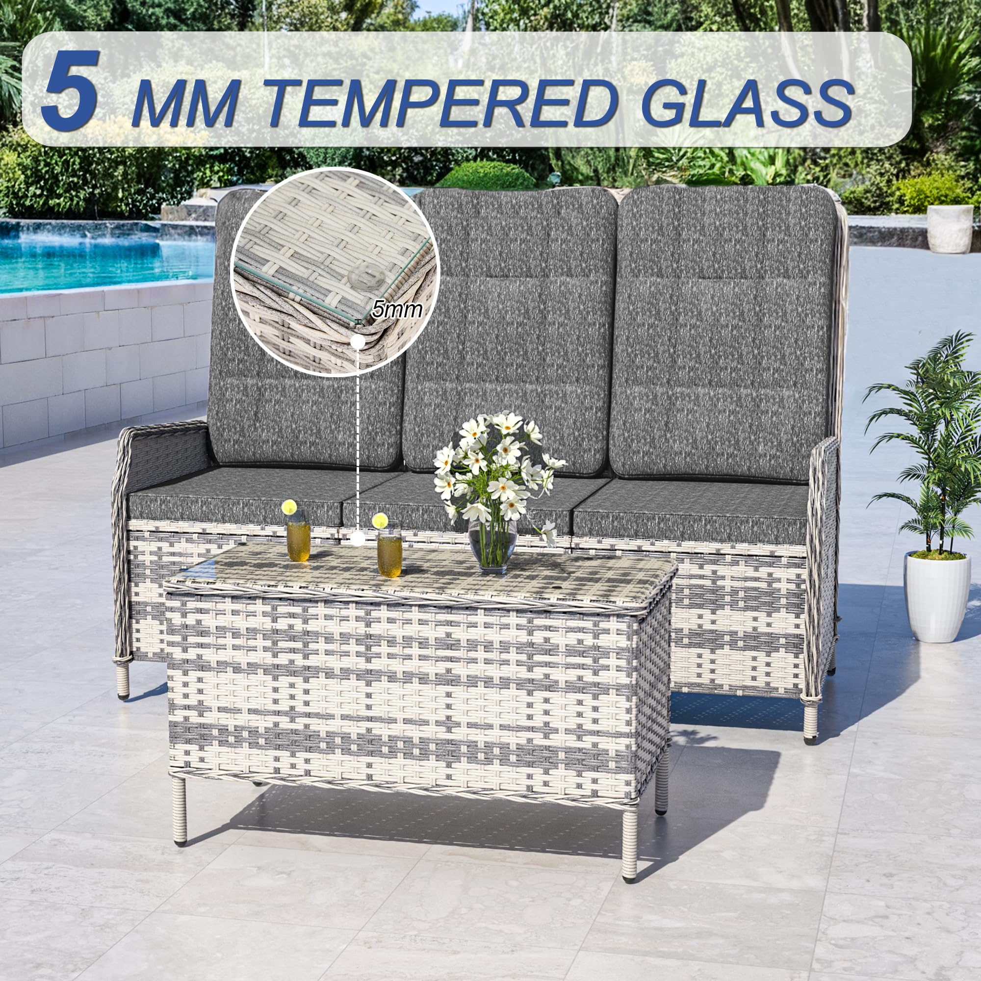 Trumbeak Polyrattan Lounge Set - 3 People Garden Furniture Seating Set Table - Seat Set with Adjustable Backrest Made of Garden Sofa, Side Table for Garden, Black