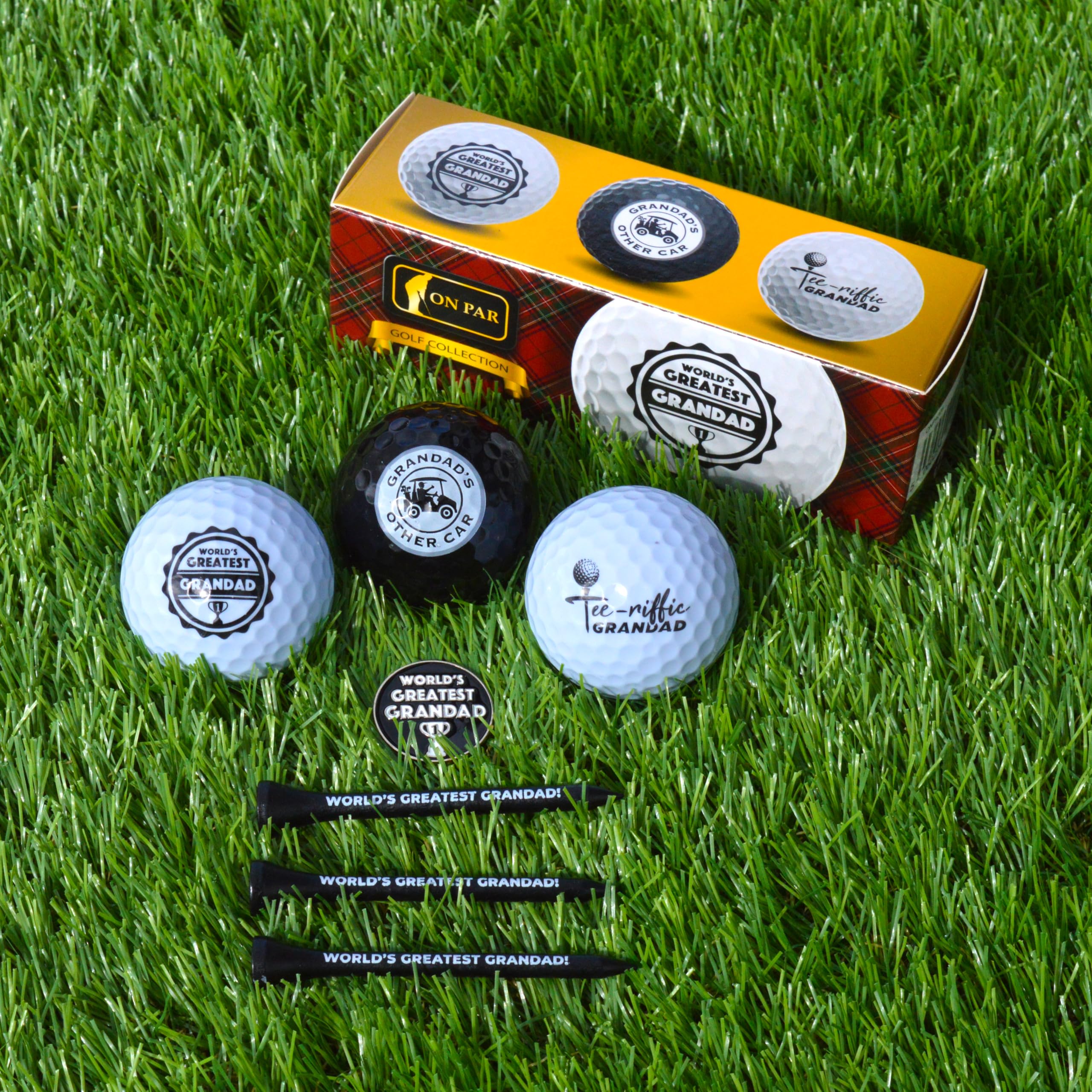 On Par Dad & Grandad Golf Balls Gift Pack - Includes Golf Tees, Ball Marker - Gag, Novelty Present - World's Best Dad, Golf Gifts for Men