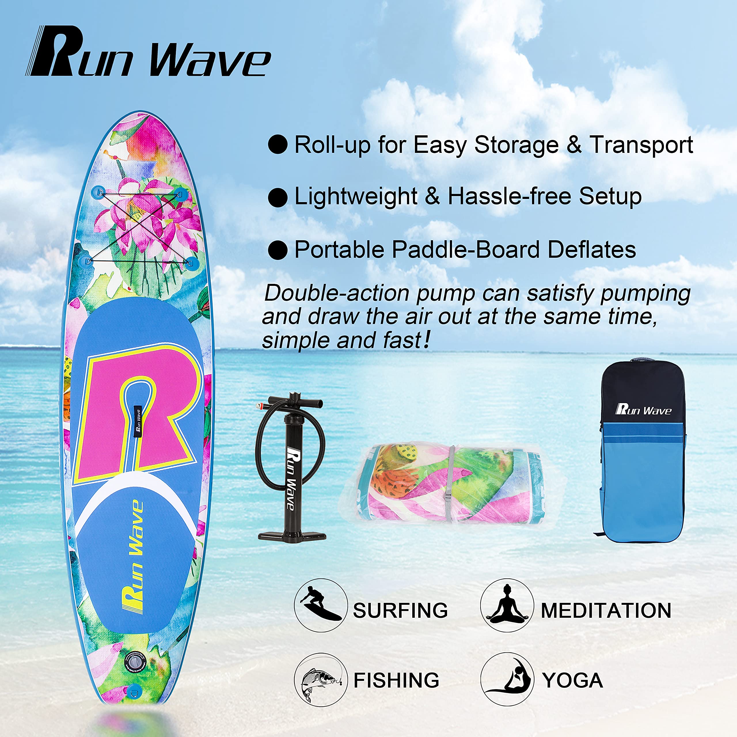Runwave Inflatable Stand Up Paddle Board 11'×33''×6''(6'' Thick) Non-Slip Deck with Premium SUP Accessories | Wide Stance, Bottom Fins for Surfing Control | Youth Adults Beginner