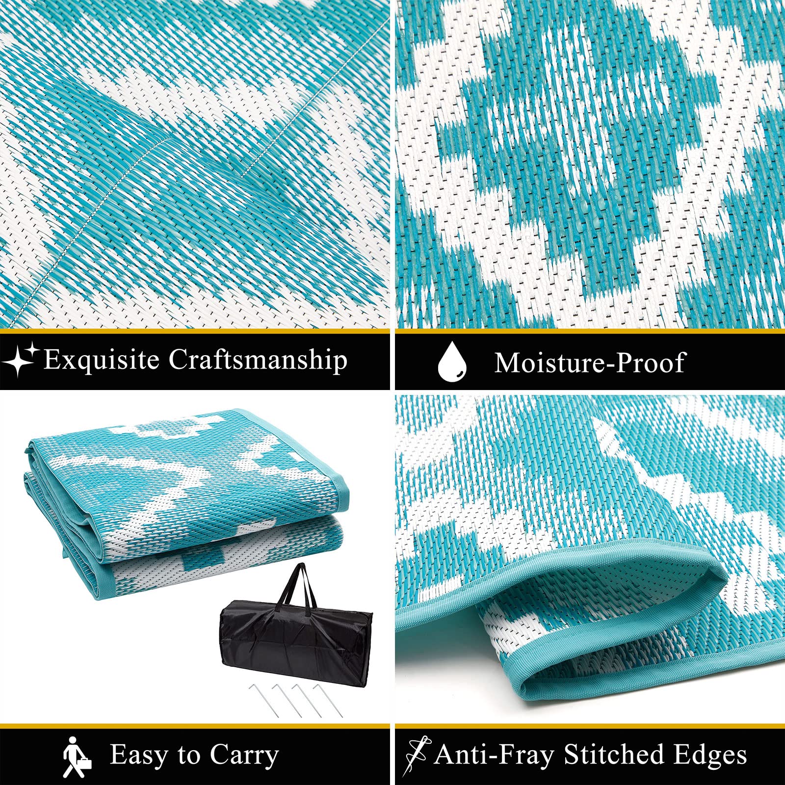 Enyhom Outdoor Indoor Picnic Area Rug, 150 x 240 cm Large Outside Woven Floor Carpet Mat, Durable Foldable Plastic Straw Rug, Recycled UV Resistant