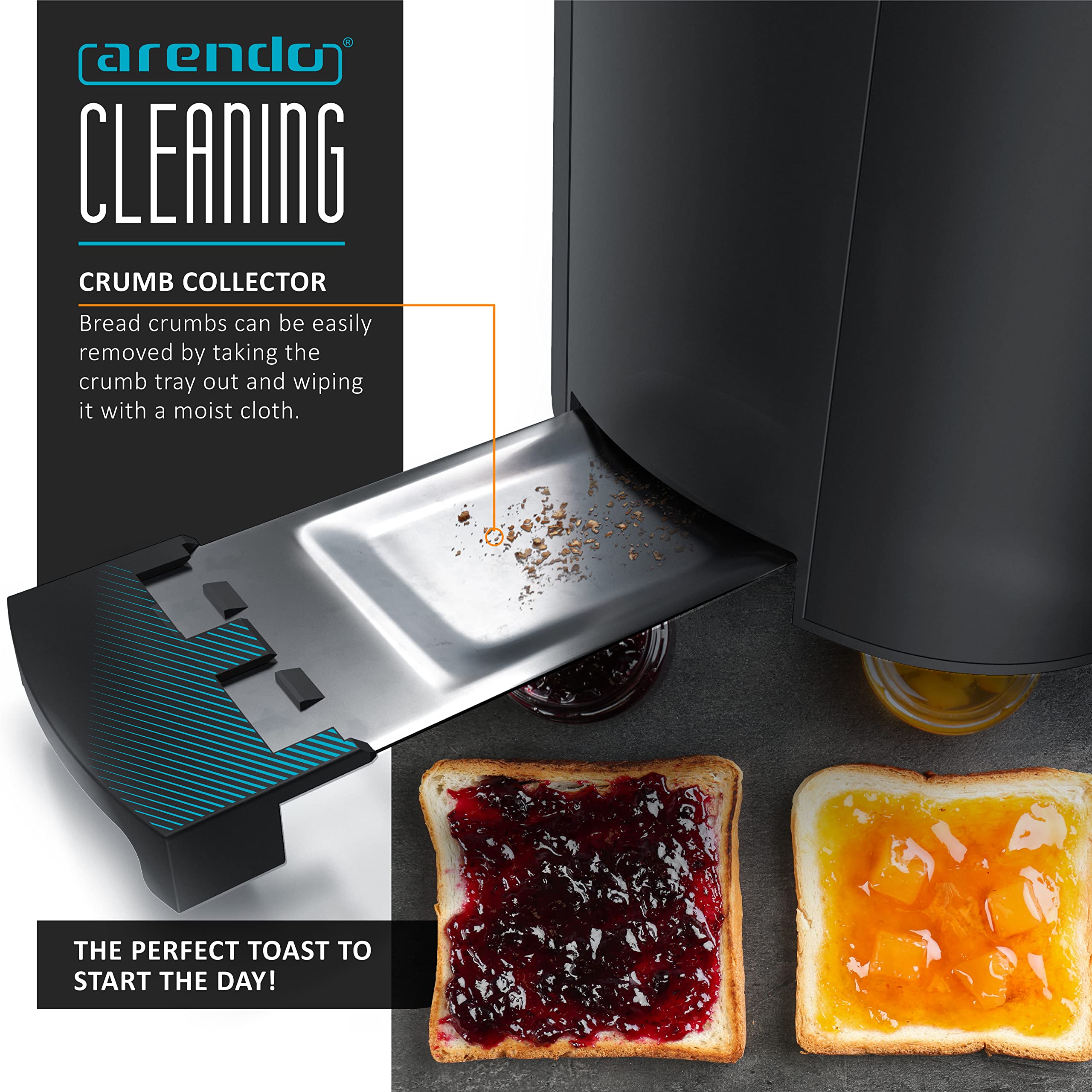 Arendo Frukost 4 slice long slot toaster, Double wall housing, with warming rack, 6 Browning settings, auto bread centring, Reheat Defrost Cancel