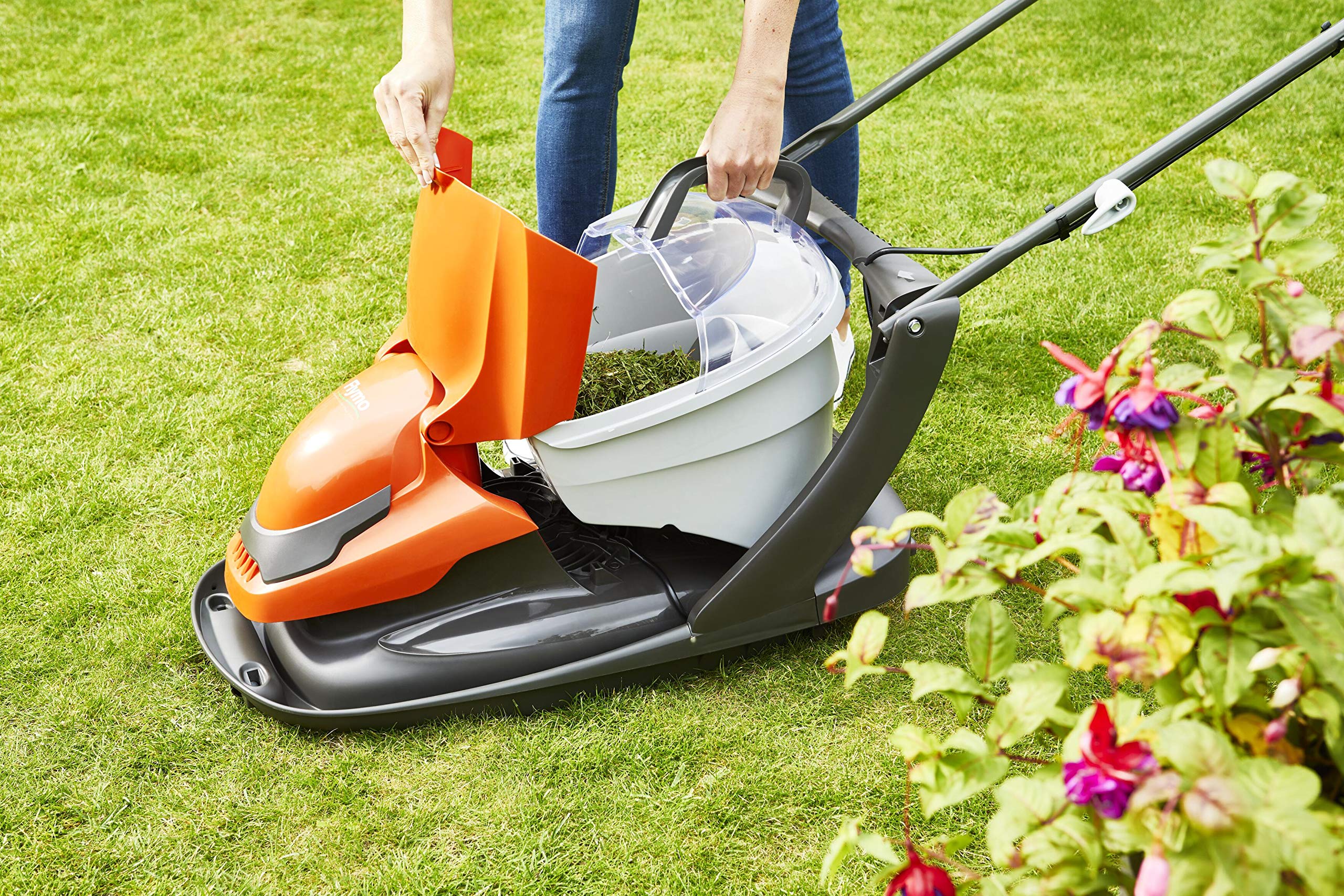 Flymo EasiGlide Plus 360V Hover Collect Lawn Mower - 2000W Motor, 36cm Cutting Width, 26 Litre Grass Box, Folds Flat, 10m Cable Length, Orange and Grey