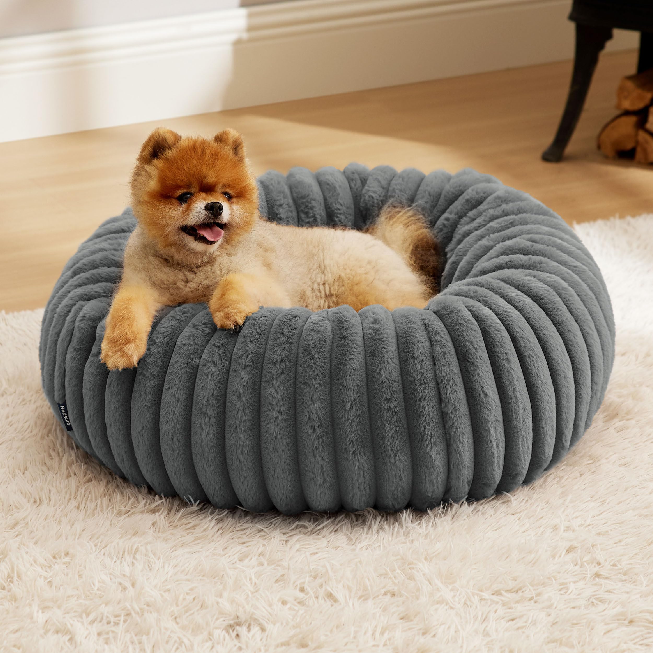 Bedsure Cat Bed for Indoor Cats - 51x51x15 cm Fluffy Cat Donut Bed with Corduroy Fleece & Anti Slip Bottom, Puppy Kitten Beds Washable with Removable Cover, Dark Grey