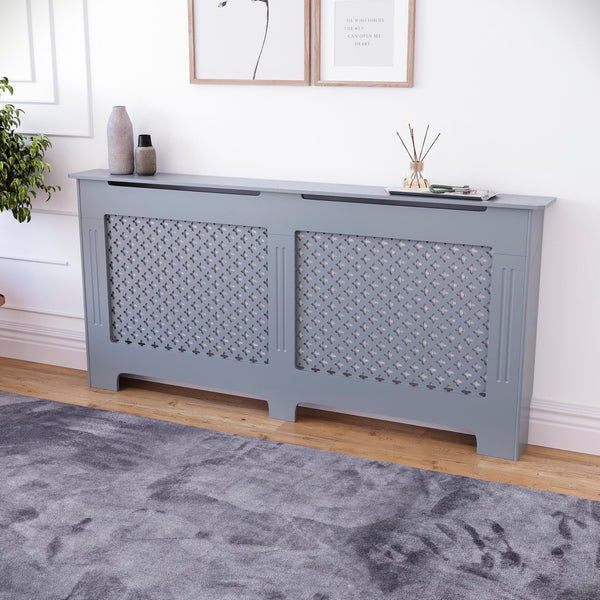 Vida Designs Oxford Radiator Cover – Traditional Cross Pattern, Olive Grey, MDF, Modern Painted Finish, Heat Efficient, Small, (H 82 x W 78 x D 19 cm)