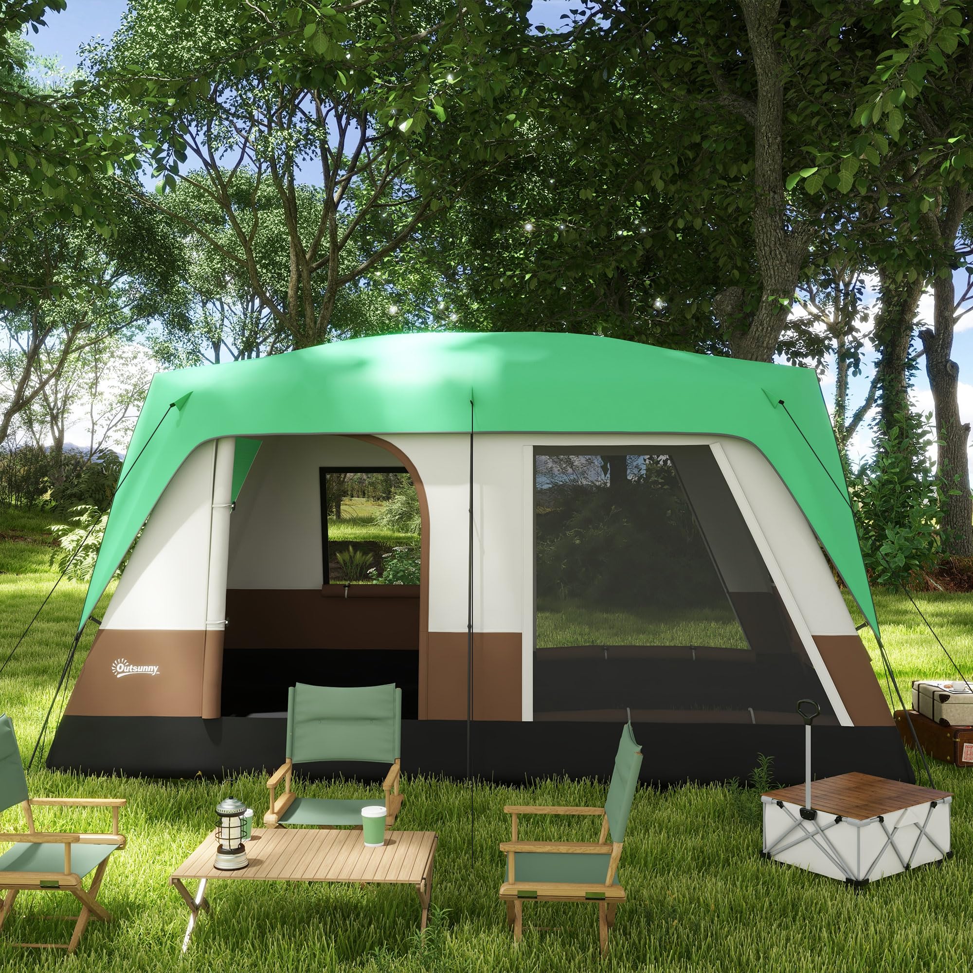 Outsunny 6-7 Man Camping Tent with 2 Rooms, 3000mm Waterproof Family Tent with Sewn in Groundsheet and Top Light Hook, Portable with Bag, for Fishing Hiking Festival