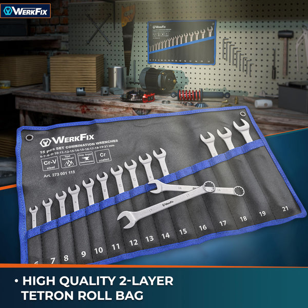 WerkFix Combination Spanner Set 15-Piece 6-21 mm Made of CRV Steel, Laser-Marked, matt-Finished, in tetron roll Bag