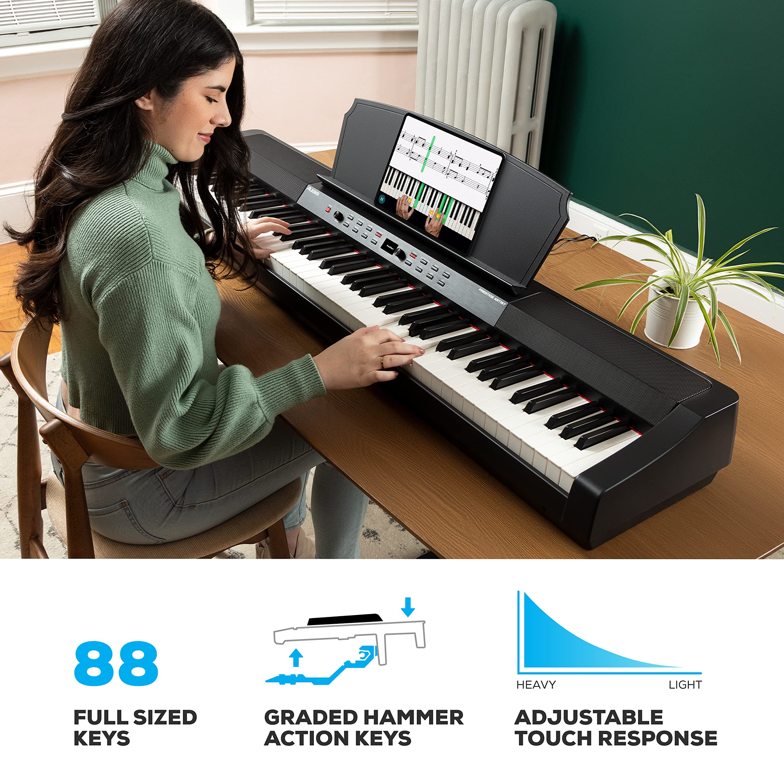 Alesis Recital Home Digital Piano with 88 Hammer Action Weighted Keys, Stand, Pedals and Lessons, Turquoise