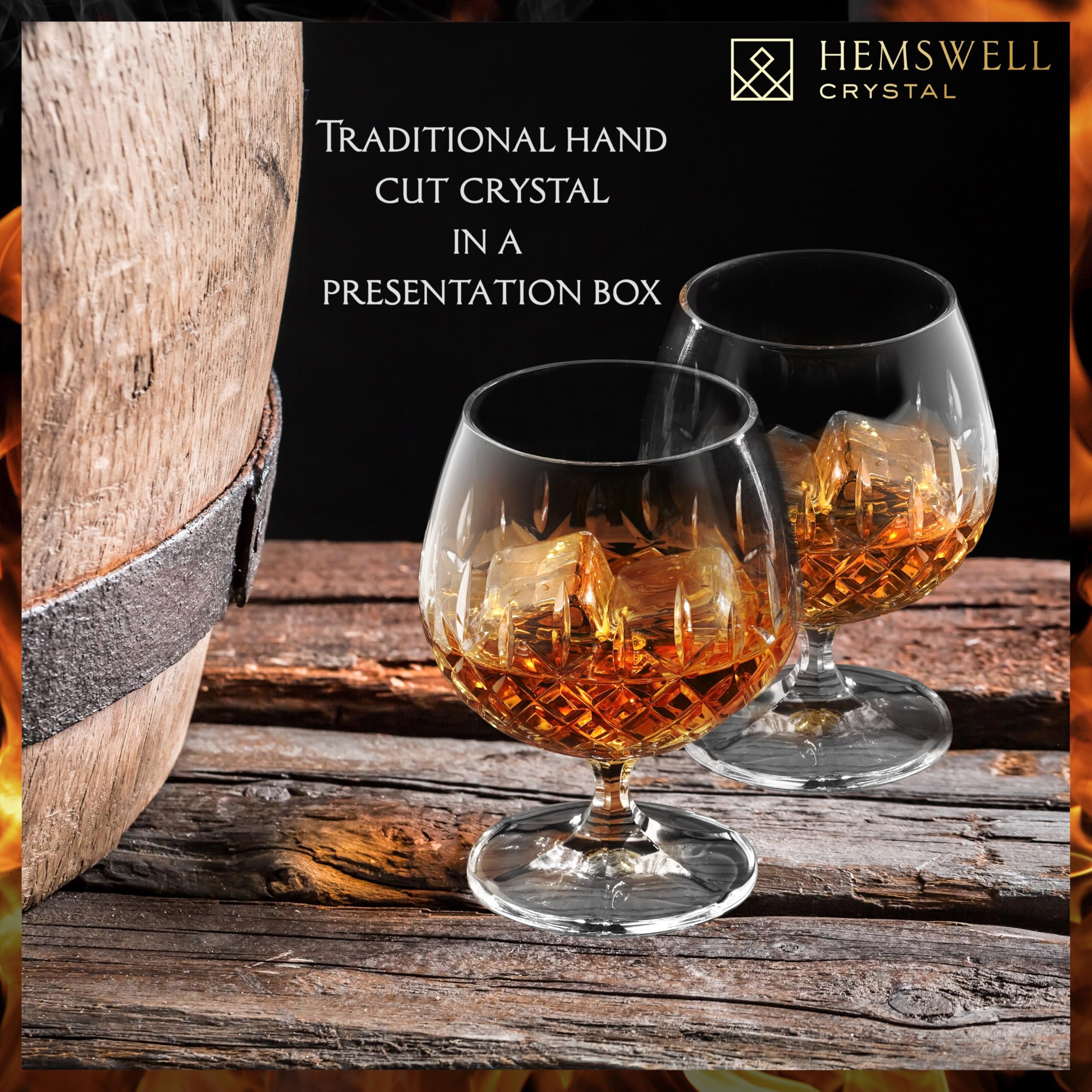 Hemswell Crystal Brandy Glasses Set of 2 - Cut European Crystal Cognac Glasses with Satin Lined Box 250ml - Scotch Port Snifter Goblet - Brandy Gift