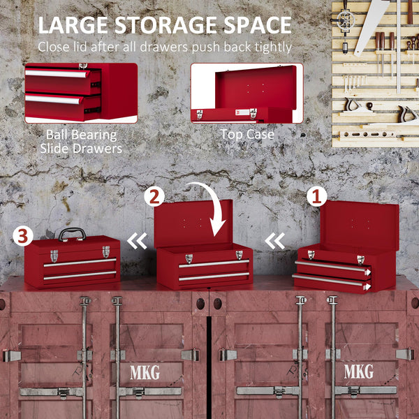 DURHAND 3 Drawer Tool Chest, Lockable Metal Tool Box with Ball Bearing Runners, Portable Toolbox, 510mm x 220mm x 320mm, Red
