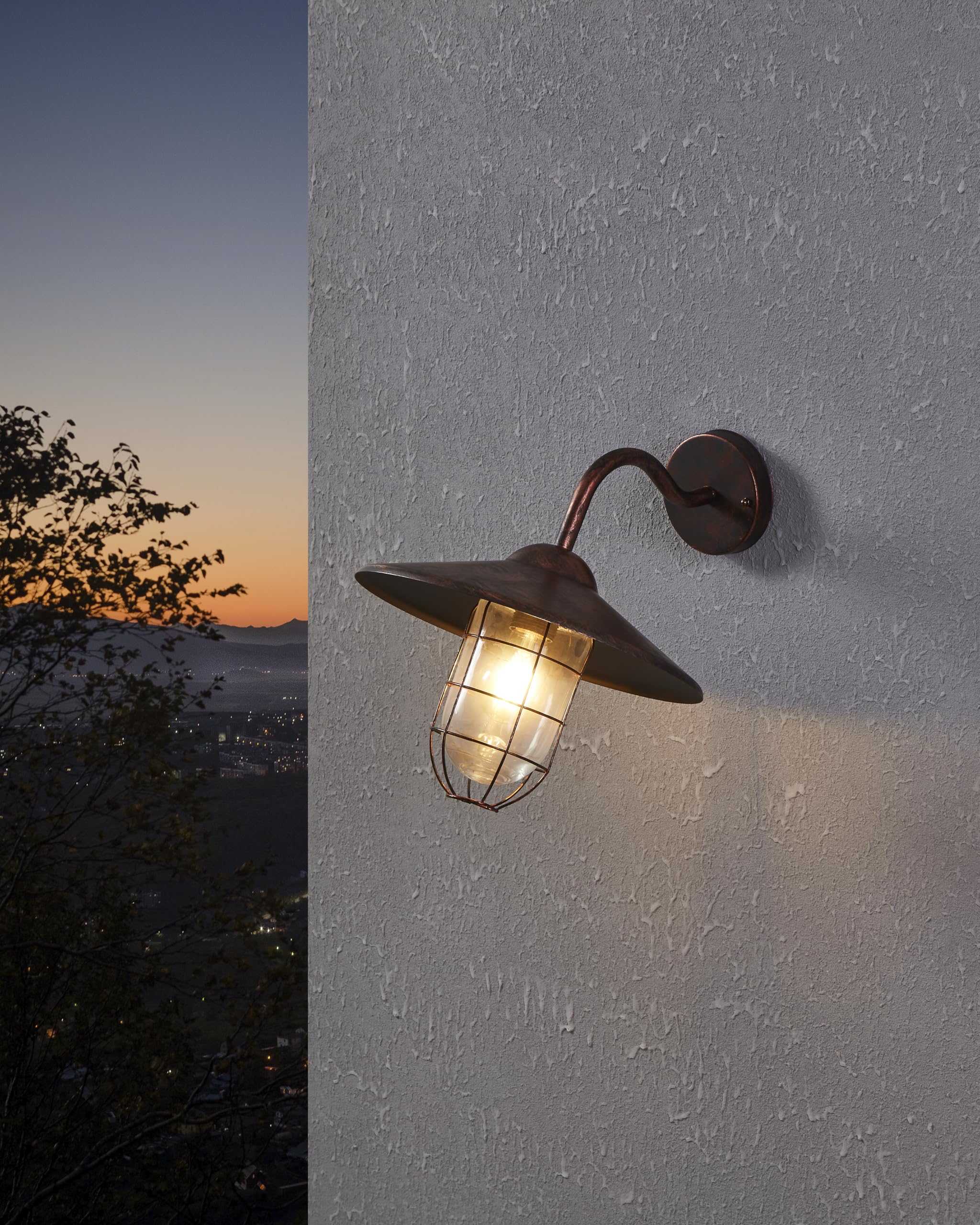 Eglo Melogoa Outdoor Wall Light, Antique Copper External Porch Light, Galvanized Steel and Glass Lantern, E27 Socket, IP44