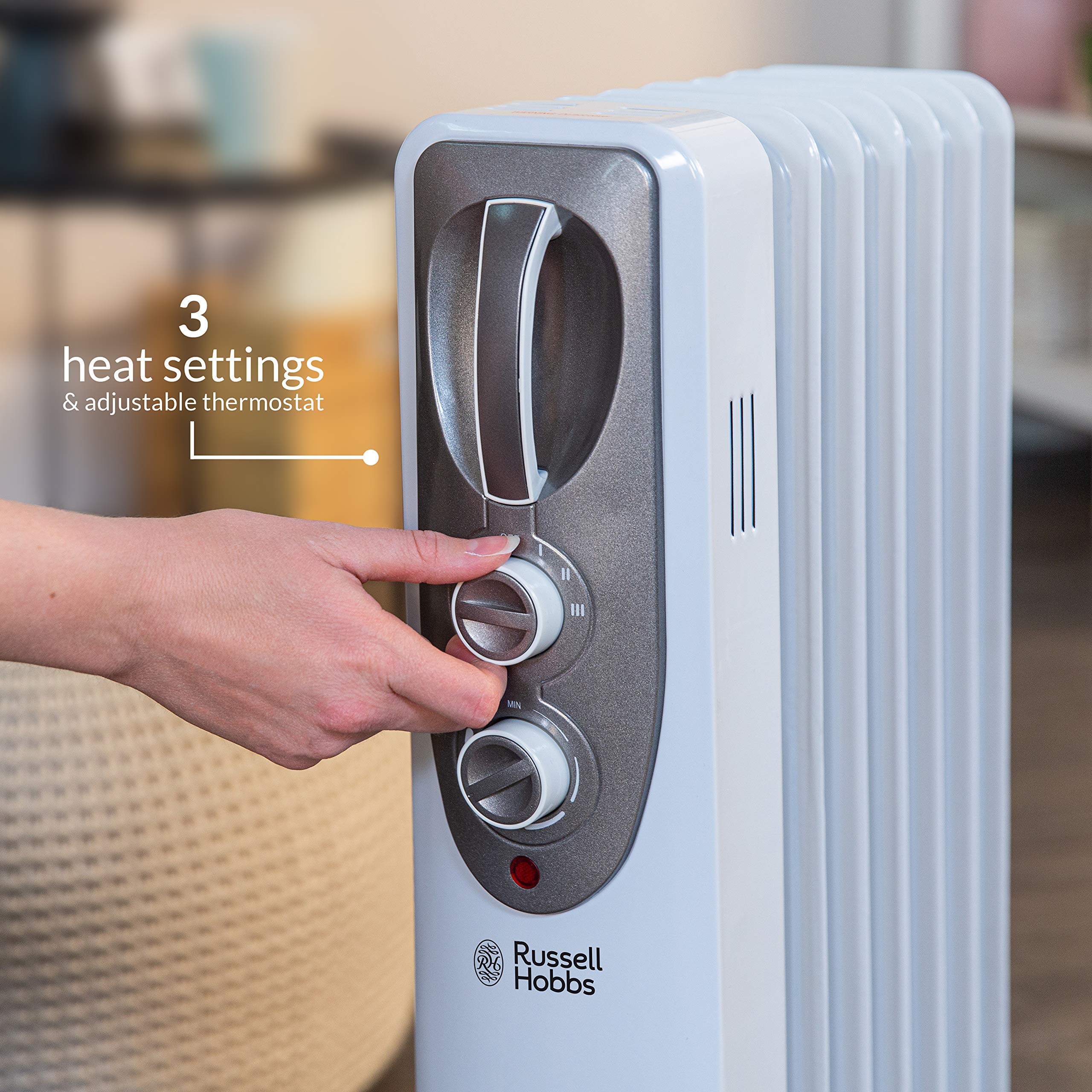 Russell Hobbs 1500W/1.5KW Oil Filled Radiator, 7 Fin Portable Electric Heater - White, Adjustable Thermostat with 3 Heat Settings, Safety Cut-off, 15 m sq Room Size, RHOFR5001, 2 Year Guarantee