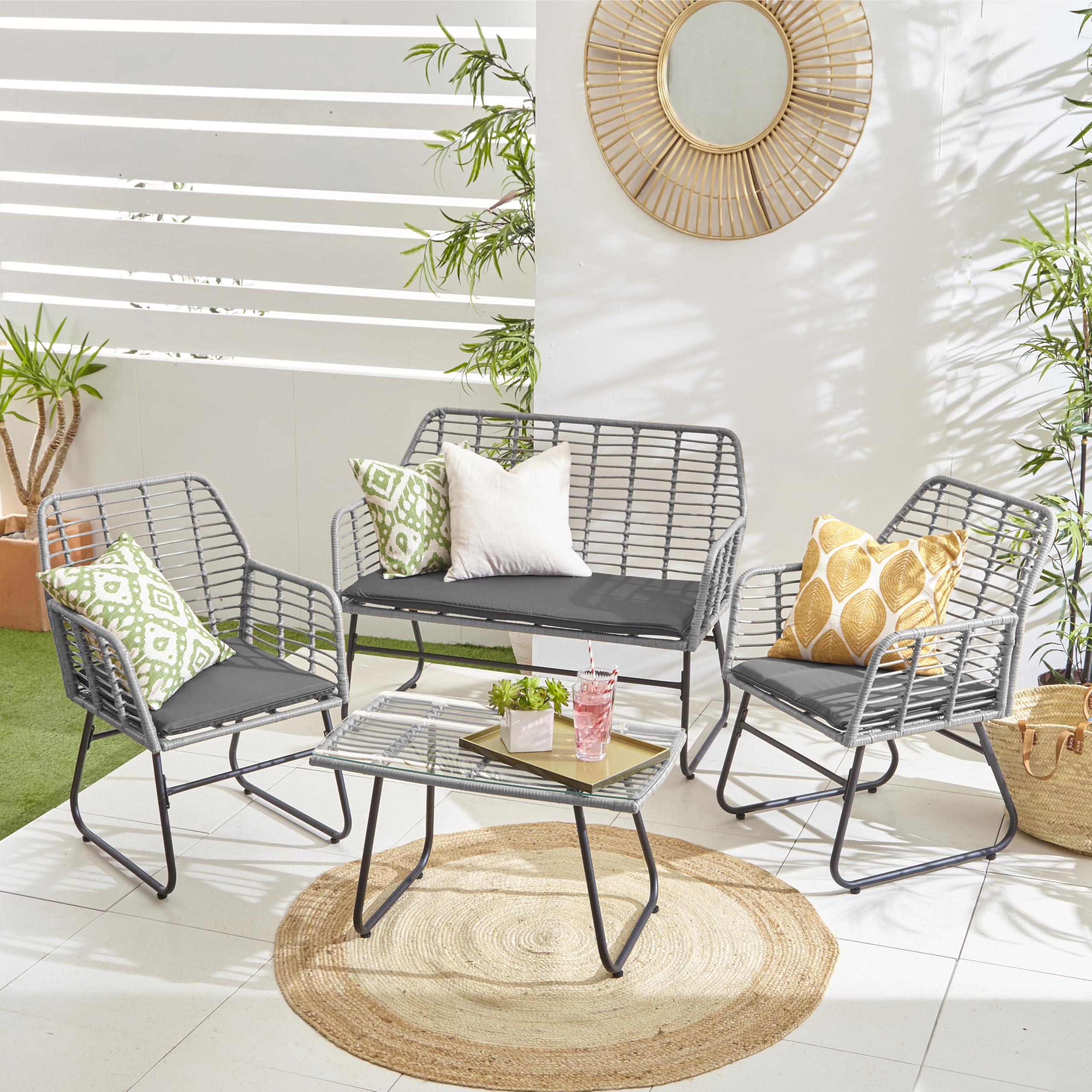 Neo Garden Patio Furniture Wicker Rattan Chair Table Sofa Outdoor Indoor Balcony Conservatory Cushion Set (Dark Grey)