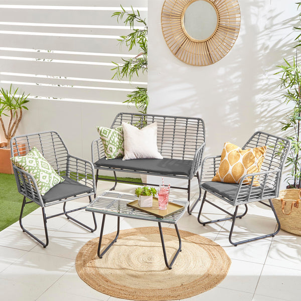 Neo Garden Patio Furniture Wicker Rattan Chair Table Sofa Outdoor Indoor Balcony Conservatory Cushion Set (Dark Grey)