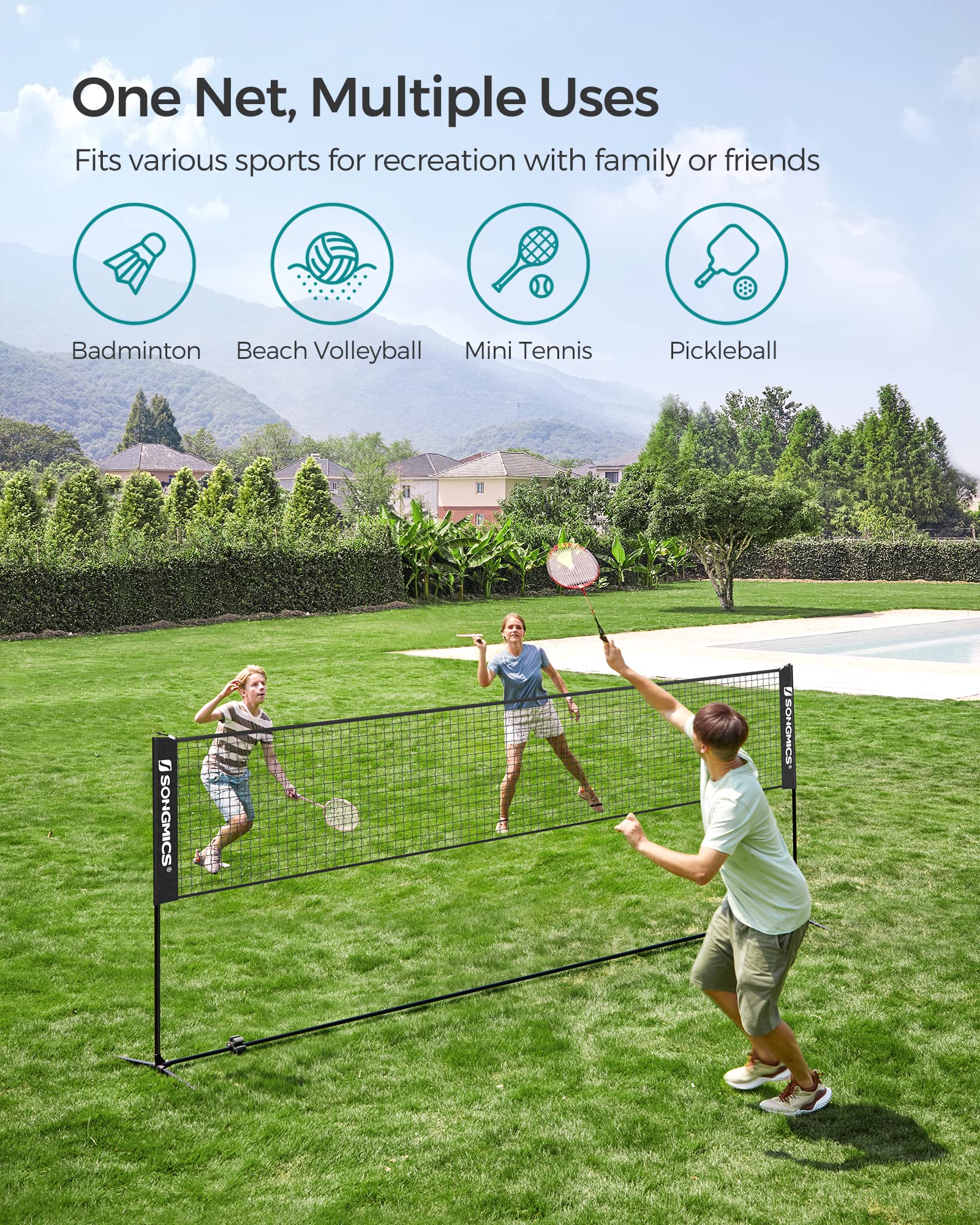 SONGMICS 3 m Badminton Net, Volleyball Net, Adjustable Poles Height, Portable Set for Tennis