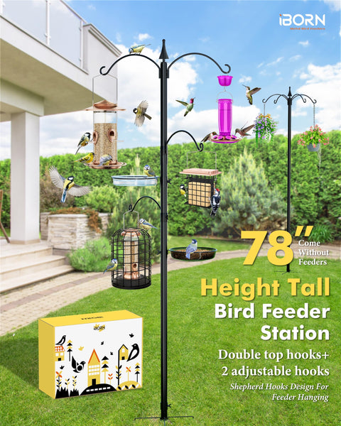 iBorn Bird Feeders Hanging Station 87Inch Wild Bird Feeding Station Pole Stand Outdoors Heavy Duty,2 Fixed & 2 Adjustable Hooks & 2 Trays, 5-Prong