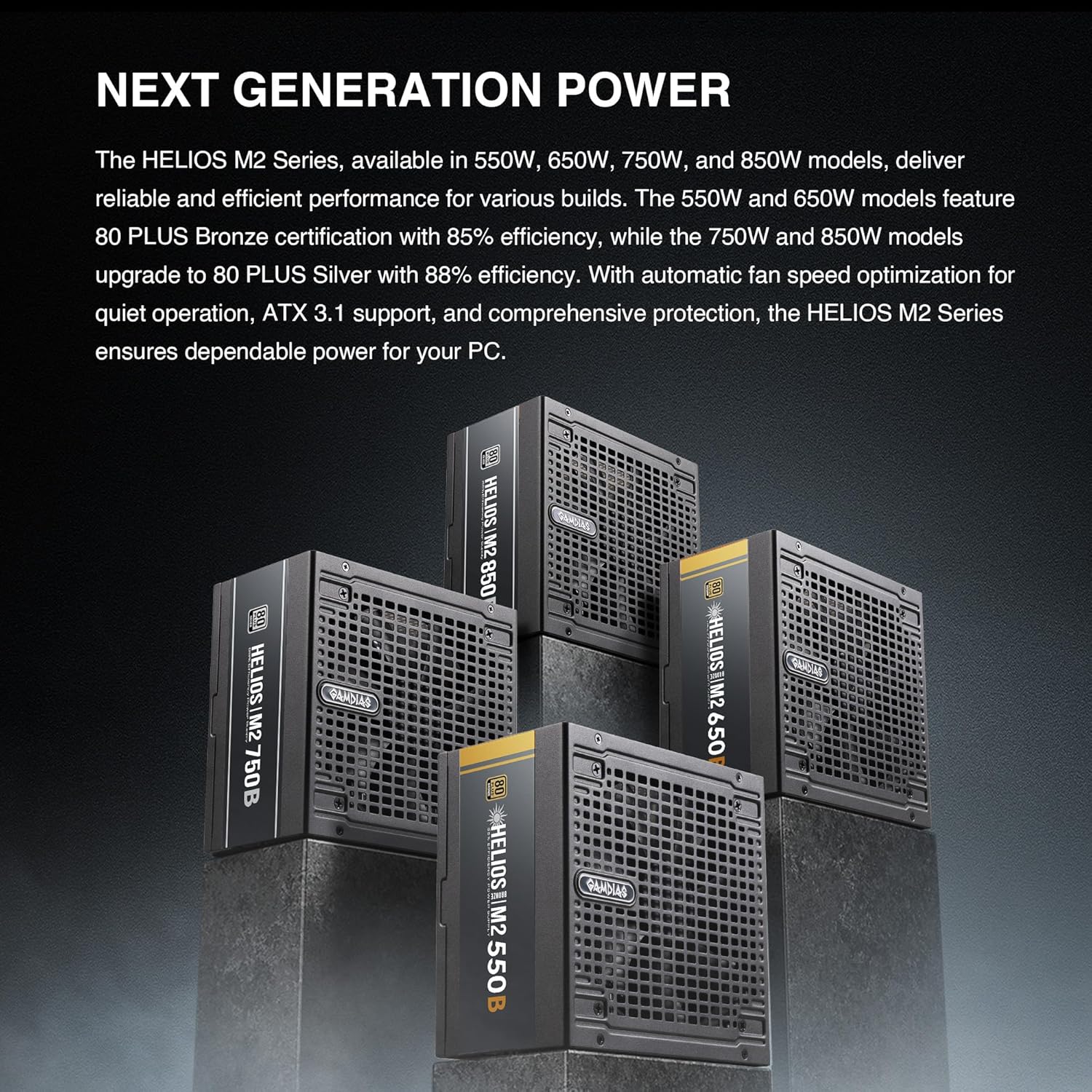 GAMDIAS HELIOS P2-750G Low-Noise ATX PC Power Supply, 80 PLUS Gold Non-Modular Computer PSU, ATX 3.1 & PCIe Gen 5.1 Ready, Native 12VHPWR Cable, Full DC-DC, LLC Resonant Circuit Design, Black