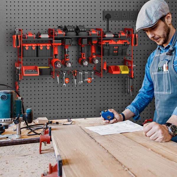 Power Tool Organizer with 6 Way Extension Lead,Large Tools Charging Station,8 Power Drill Tools Heavy Duty Drill Holder Wall Mounted Rack Utility Metal Tool Shelf Storage Organiser for Garage