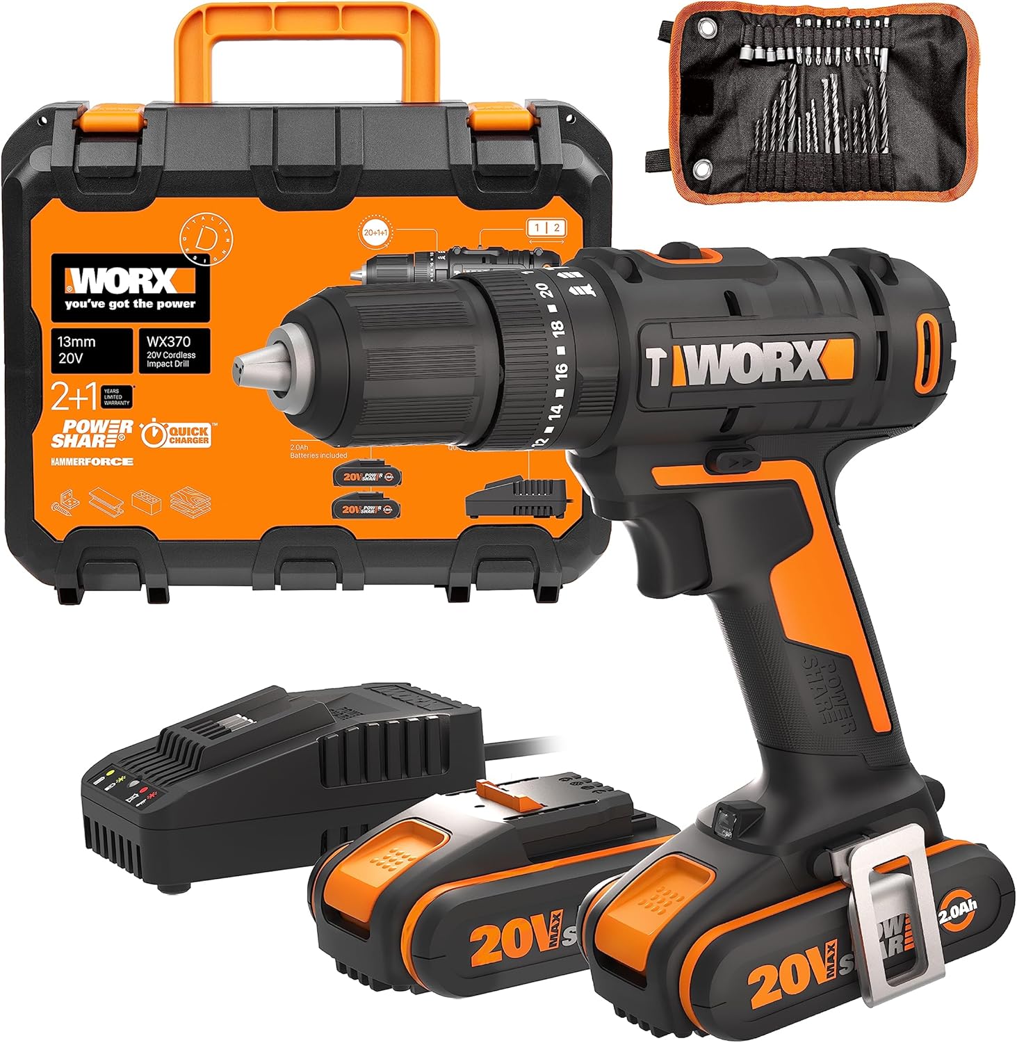 WORX Cordless Combi Hammer Drill WX370, 20V Impact Drill with 30pcs bits, Max 50N.m, 2-Speed Gear,13mm Keyless Chuck, 2 * 2.0Ah PowerShare Battery, 1 * 2A Charger