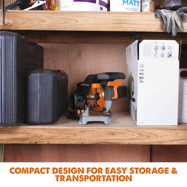 Evolution Power Tools R210CMS Compound Miter Saw Multi-Material Cutting TCT Blade Included Cuts Wood Metal Plastic & More, 45° - 45° Degree Miter & 45˚ Degree Bevel Angles, 1200W, 210mm