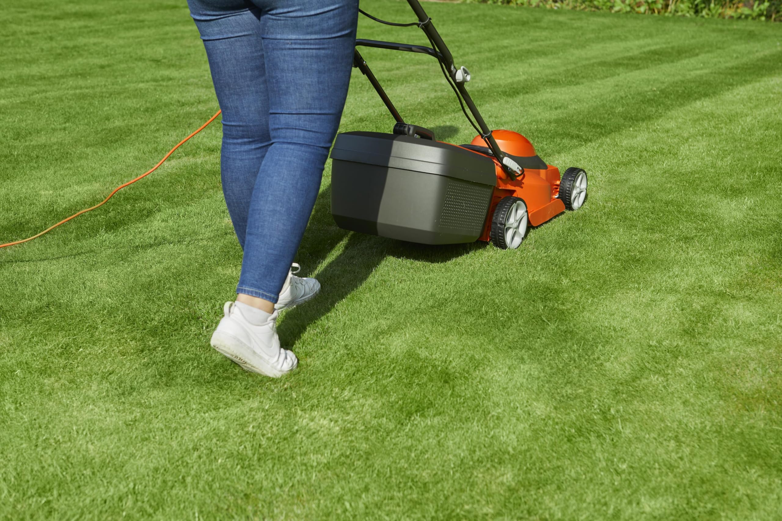 Flymo EasiStore 380R Electric Rotary Lawn Mower - 38 cm Cutting Width, 45 Litre Grass Box, Close Edge Cutting, Rear Roller, Central Height Adjust, Space Saving Storage Features