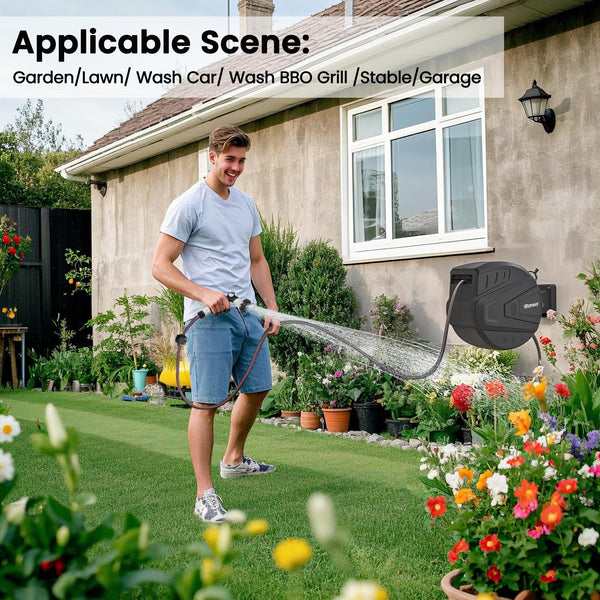 Roywel Auto Reel Garden Hose 20MHose Reel Wall MountedAuto Rewind, Self-Locking System,180 Pivotal with Multifunction Spray Nozzle