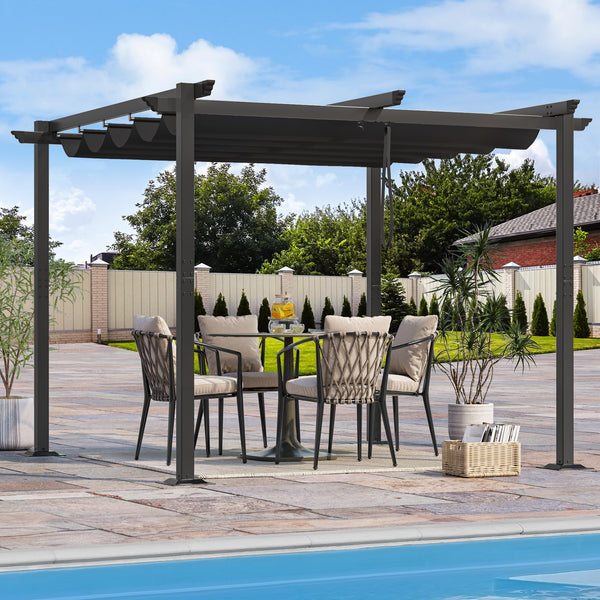 Metal Pergola with Retractable Roof, Outdoor Pergola Includes Water-Resistant and SPF 15 PU Coated Canopy, Sun Shade for Barbecue Events, Garden Parties, and Lawn in Dark grey 3x3Meter